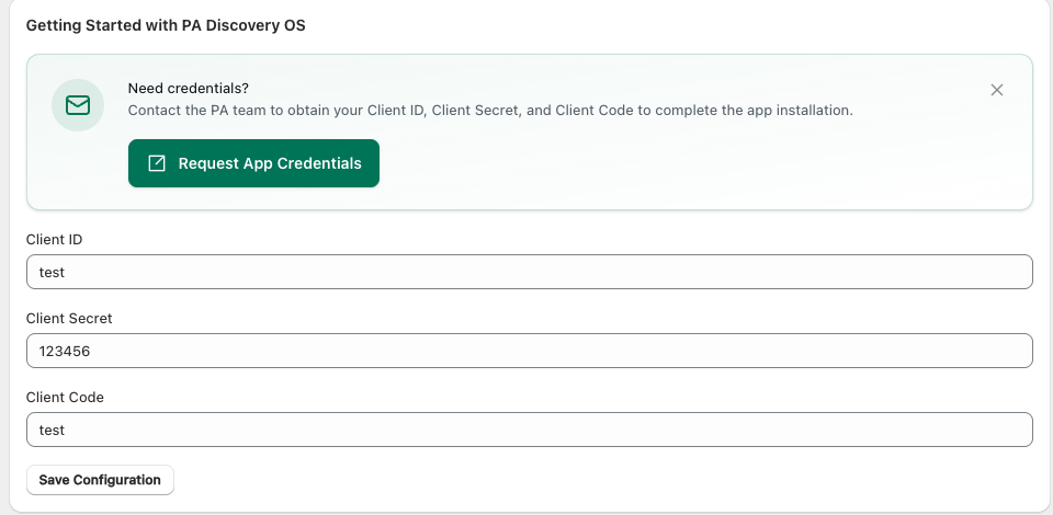 Client credentials form with fields